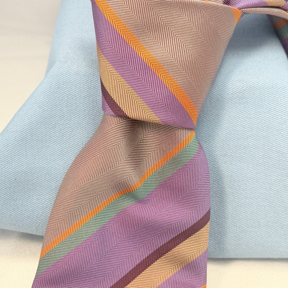 Vintage Hermès Paris Silk Tie — Purple, Gold & Brown Diagonal Stripe - Pristine